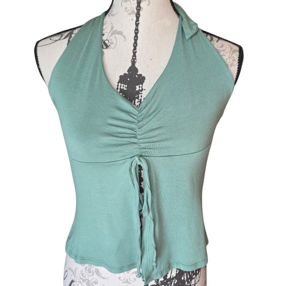 Y2k Coquette Coastal Halter Top Green Ruched Split Size XL See You Monday